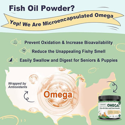 Omega 3 Fish Oil for Dogs, Dog Fish Oil Powder, Wild Caught Fish Oil, EPA&DHA, Krill Oil, Kelp, Dog Skin and Coat Supplement, Anti Itch & Shedding, Support Dry Skin, Joint Health, 85 Servings