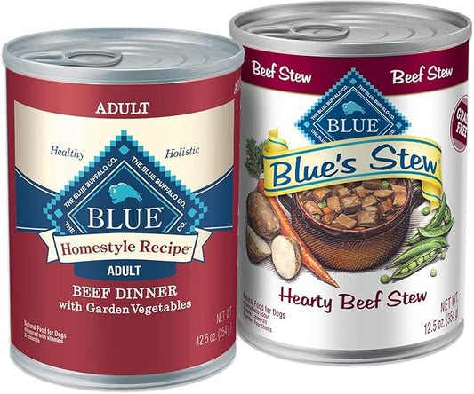 Blue Buffalo Homestyle Recipe Natural Adult Wet Dog Food, Mixed Textures Beef 12.5-oz Cans (24 Count- 12 of Each Flavor)