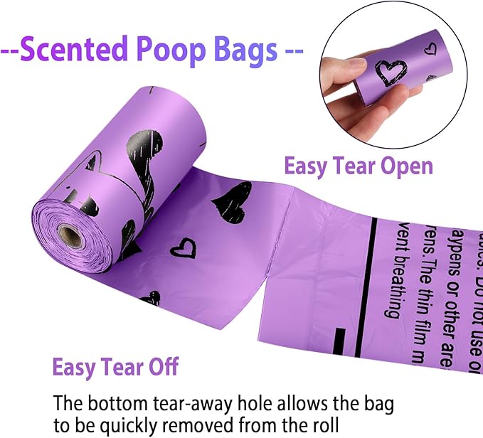 Dog Poop Bag Rolls - 540 Count Dog Waste Bags with Dispenser, Extra Thick Strong Leak proof Poop Bags for Dogs Doggy | Scented Purple