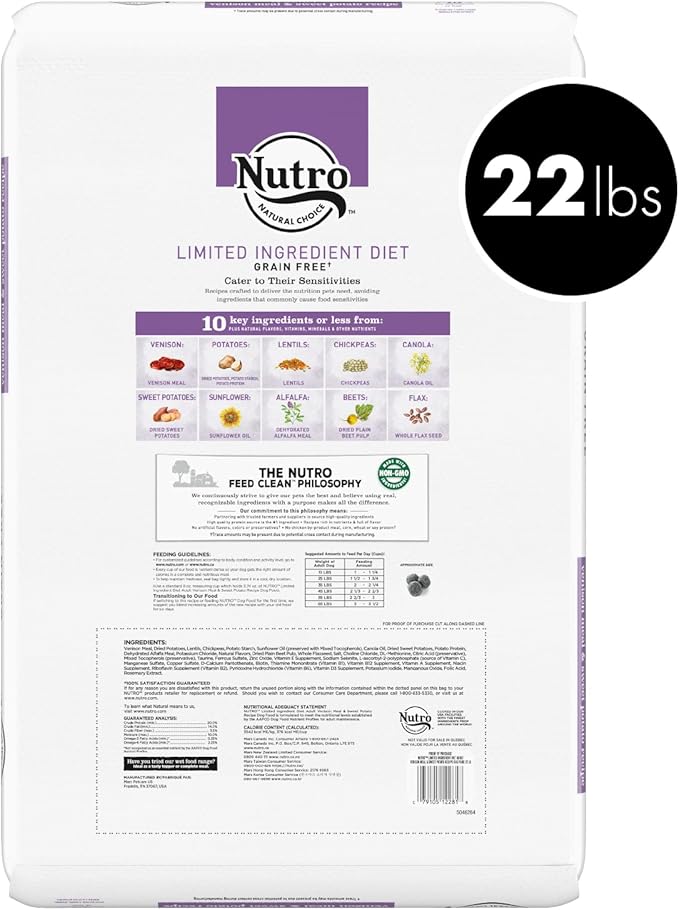NUTRO Limited Ingredient Diet Adult Dry Dog Food Venison Meal & Sweet Potato Dog Kibble, 22 lb. Bag
