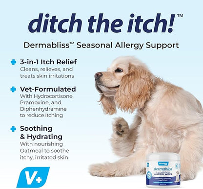 Vetnique Dermabliss 3-in-1 Medicated Dog Wipes - Relief for Itchy Skin, Allergies & Odor Control, Gentle No-Sting Formula, Antihistamine & Hydrocortisone Paw Wipes for Dogs & Cats 50ct