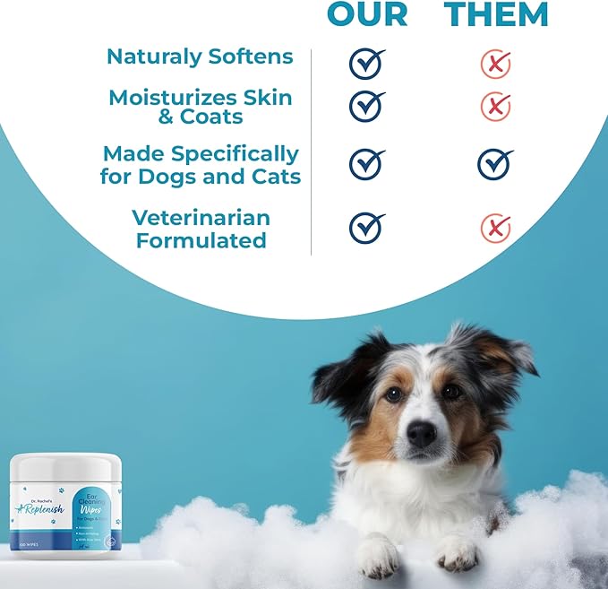 Replenish Cat and Dog Ear Cleaning Wipes - Dr. Rachel's Gentle Cleansing Wipes, Cucumber Melon Scent, Aloe Vera-Infused, 100 Count
