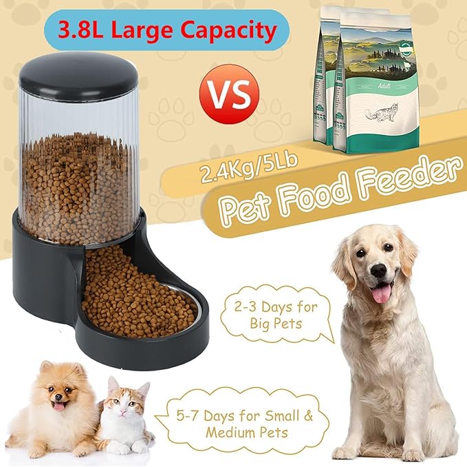 Automatic Cat Feeder, 3.8L Large Automatic Cat Feeders Gravity Cat Food Dispenser with Detachable Top Lid, Visible Bottle and Stainless Steel Bowl for Cat, Dog and Pet (Black)