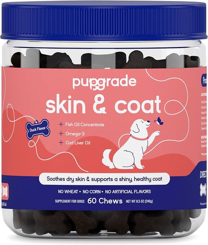 PupGrade Skin & Coat Chews - Omega-3 Coat + Shed Care + Allergy Defense - Soft, Chewable Supplement with Natural Fish Oils for Dogs - No Wheat, Corn, or Grains - Meat Flavored - 60 Soft Chews