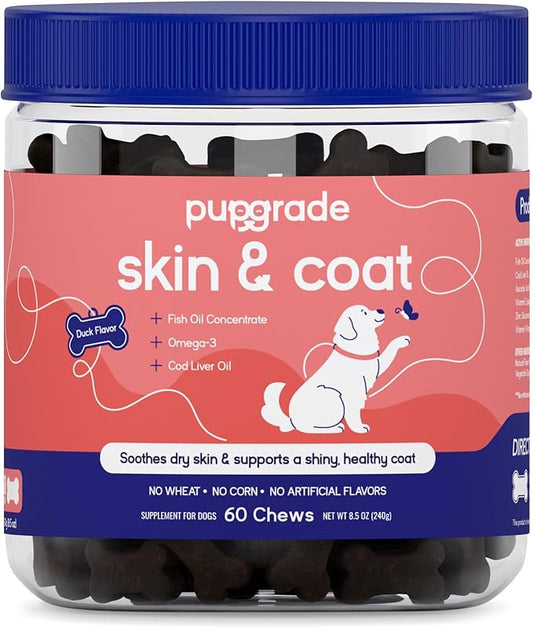 PupGrade Skin & Coat Chews - Omega-3 Coat + Shed Care + Allergy Defense - Soft, Chewable Supplement with Natural Fish Oils for Dogs - No Wheat, Corn, or Grains - Meat Flavored - 60 Soft Chews