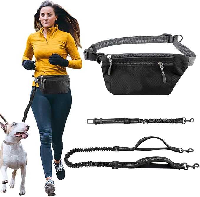 3pcs Hands Dog Leash with Pouch, Waist Leash for Dog Walking, Waist Belt Fanny Pack with Soft Padds, for Walking, Hiking, Biking, Running