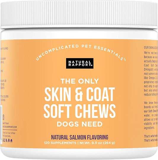 Natural Rapport Dog Skin and Coat Supplement - The Only Skin and Coat Soft Chews Dogs Need - 120ct Treats That Contain Salmon Oil and Omegas 3, 6, & 9 for a Healthy Coat