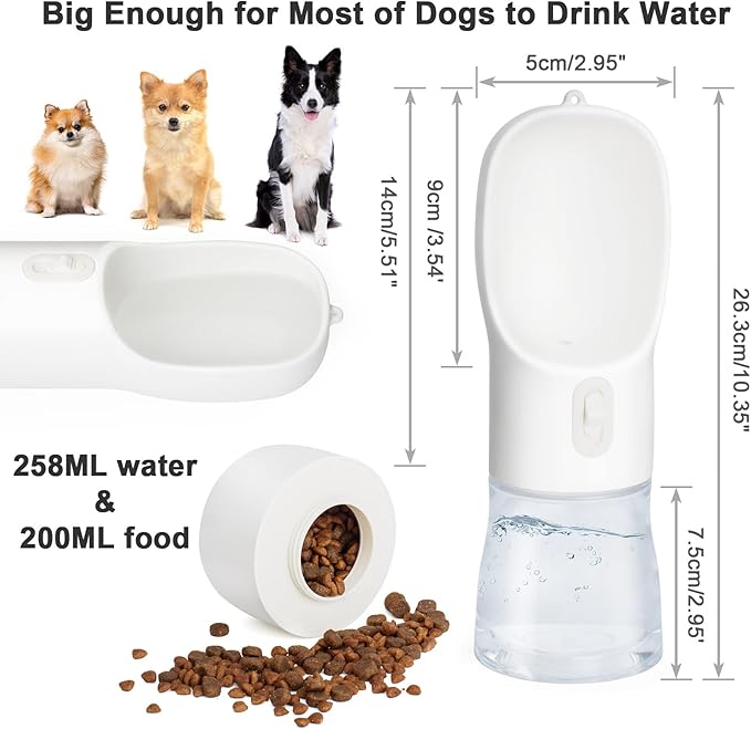 Outdoor Dog Water Bottle Dispenser - Leak Proof Water Bottle for dogs On The Go with Food Container Multifunctional Travel Dog Water Bottle（White）