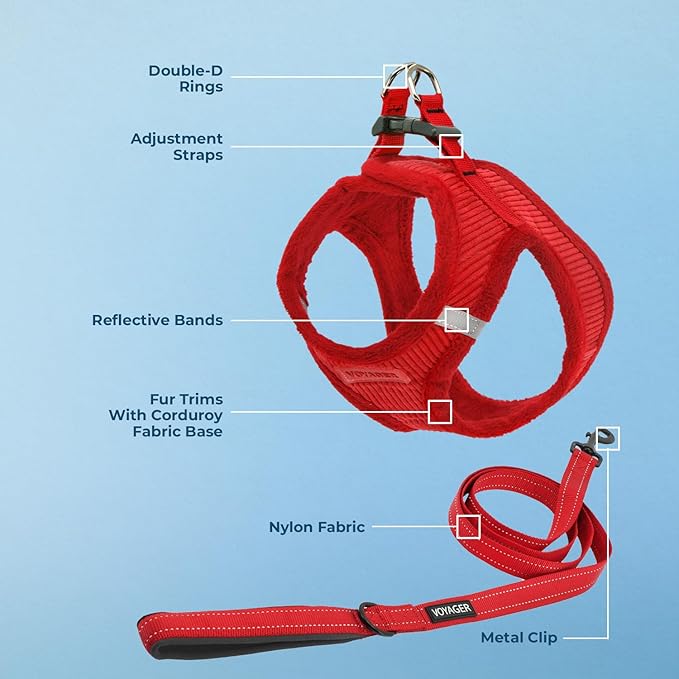 Voyager Step-in Plush Dog Harness – Soft Plush, Step in Vest Harness and Reflective Dog 5 ft Leash Combo with Neoprene Handle for Small and Medium Dogs by Best Pet Supplies -Set (Red Corduroy), XS
