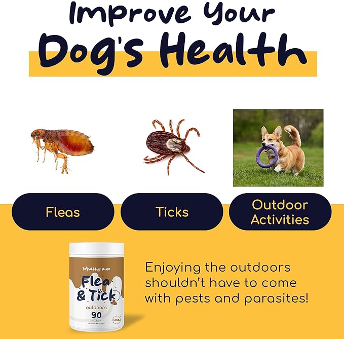 Flea and Tick Prevention for Dogs, Chewable – 90 Peanut Butter Flavored Soft Chews – Made with B Vitamins, Garlic Powder, Brewers Yeast, Coconut Oil, and Apple Cider Vinegar
