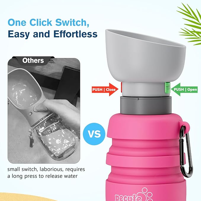 Pecute Dog Water Bottle Portable, 29oz Dog Foldable Water Bottle with Folding Bowl, Carabiner Clip, 5 Levels Capacity, 100% Food Grade Silicone, Dog Water Bottle for Outdoor Walking, Hiking, Travel
