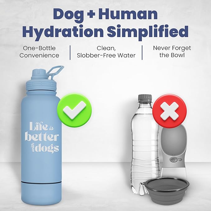 Dog Water Bottle for Dog Lovers - 32 oz Stainless Steel Double Wall Insulated Water Bottle with 8 oz Attached Dog Bowl - Best Dog Mom Gifts for Women - “Life is Better with Dogs” - Dusty Blue