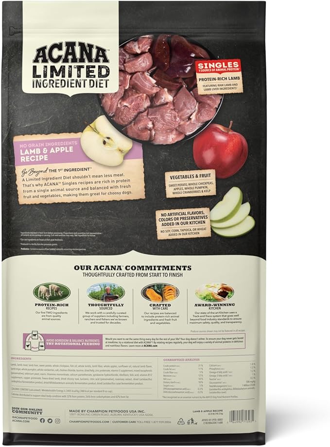 ACANA Singles Limited Ingredient Dry Dog Food, Grain Free Lamb & Apple Dog Food Recipe, 22.5lb