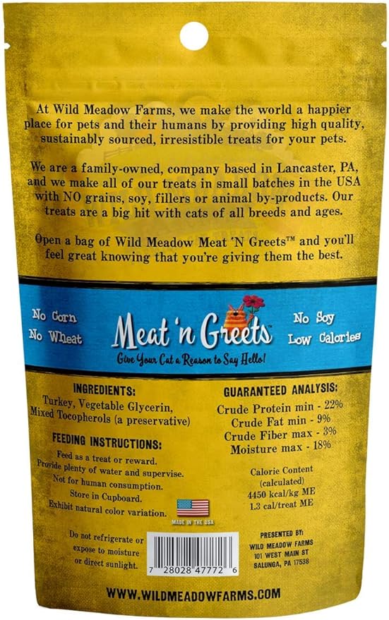 Wild Meadow Farms - Cat Treats - Meat 'N Greets - Soft Jerky Treats with Real Meat, High Protein, Grain-Free, Perfect for Training & Rewarding, All Natural Snacks for Cats - Turkey Flavor