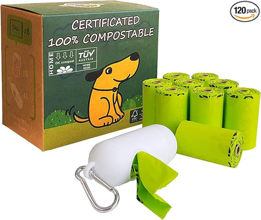 Dog Poop Bag with Holder, Compostable Dog Bags for Poop, Vegetable-Based Doggy Poop Bags, Eco-Friendly, Unscented, Extra Thick and Leak Proof, 120 Counts, 10 Rolls, 9 x 13 Inches
