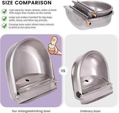 1 Gal Extra Large Automatic Horse Waterer Stainless Steel Dog Water Bowl Dispenser with Brass Float Valve Auto Fill Livestock Water Trough for Dogs Chicken Farm Animal