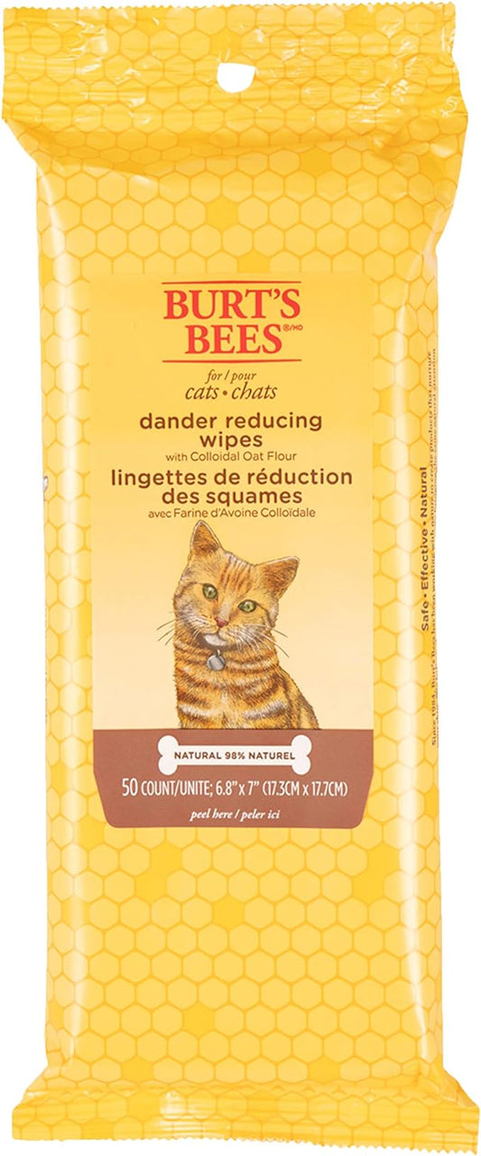 Burt's Bees for Pets Cat Naturally Derived Dander Reducing Wipes - Kitten and Cat Wipes for Grooming, 50 Count - Cruelty Free, Formulated without Sulfates and Parabens, Made in the USA