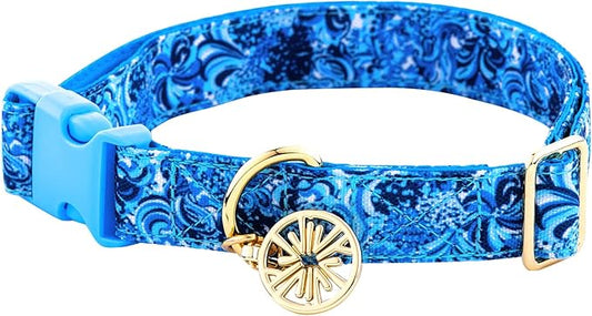 Lilly Pulitzer M/L Adjustable Blue Puppy Dog Collar, Cute Heavy Duty Canvas Collar with Snap Closure and Ring for Leash/Tag, Mermazing