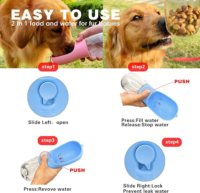 Dog Water Bottle with Food Container, Portable Pet Dog Water Dispenser for Outdoor Walking,Hiking,Travel,Puppy Essentials,Puppy Supplies,Replaceable Waste Bags