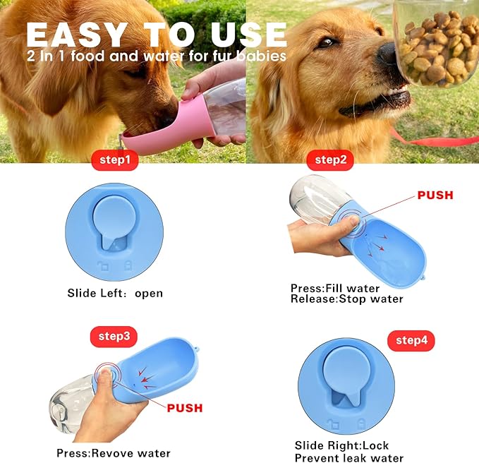 Dog Water Bottle with Food Container, Portable Pet Dog Water Dispenser for Outdoor Walking,Hiking,Travel,Puppy essentials,Puppy supplies,Replaceable Waste Bags