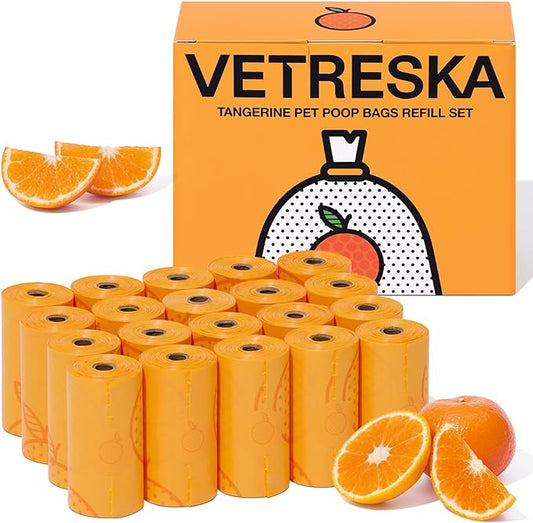 VETRESKA Citrus Scented Dog Poop Bags, Leak Proof, Extra Thick and Large Pet Waste Bags for Dogs Walking, Cat Litter and Babies' Diaper, 300 Count Bags (20 Refill Rolls)， Orange
