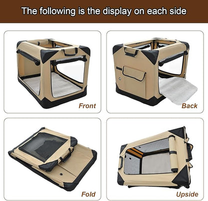 36 Inch Collapsible Soft Dog Crate for Large Dogs, 4-Door Foldable Travel Dog Kennel with Durable Mesh Windows for Indoor & Outdoor Portable Pet Crate, Soft Side Dog Crate, Beige