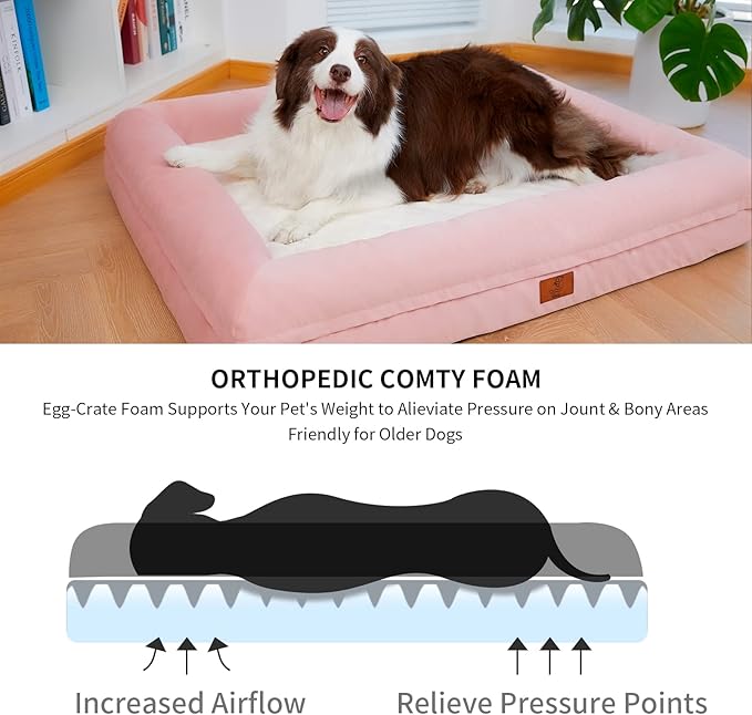 Large Dog Bed, Pink Orthopedic Dog Bed, Waterproof Dog Bed with Removable Cover, 4-Sides Removable Bolster Dog Soft Sofa Bed with Nonskid Bottom, Washable Dog Beds for Large Dogs