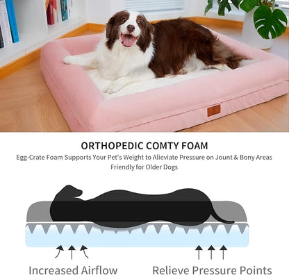 Large Dog Bed, Pink Orthopedic Dog Bed, Waterproof Dog Bed with Removable Cover, 4-Sides Removable Bolster Dog Soft Sofa Bed with Nonskid Bottom, Washable Dog Beds for Large Dogs
