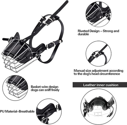 Dog Muzzle, Dog Metal Face Basket, Dog Mouth Breathable Adjustable Leather Leash Suitable for Large Medium-Sized Dogs (M)