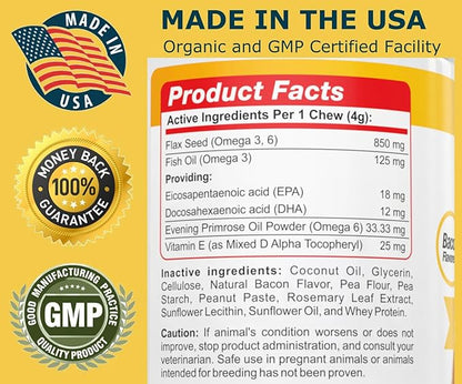Amazing Omega 3 Fish Oil for Dogs - Omega 3 for Dogs Shedding and Itchy Skin Relief for Dog Dry Skin and Hot Spots, EPA and DHA Fatty Acids, Dog Skin and Coat Supplement - 90 Bacon Soft Chews