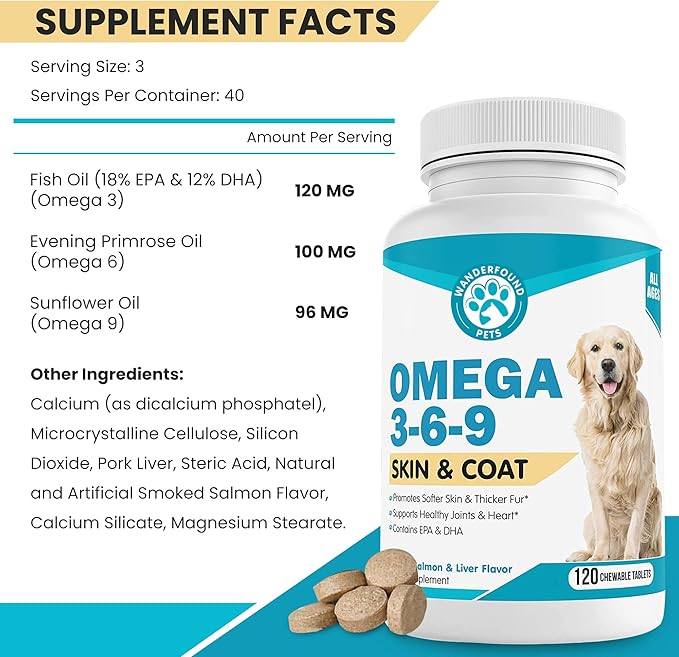 Wanderfound Pets - Omega 3 for Dogs, Skin and Coat Fish Oil for Dogs, Dog Itch Relief, Joint and Heart Health, Chewable Vitamins for Dogs Fur and Skin, Smoked Salmon and Liver Flavor, 120 Tablets