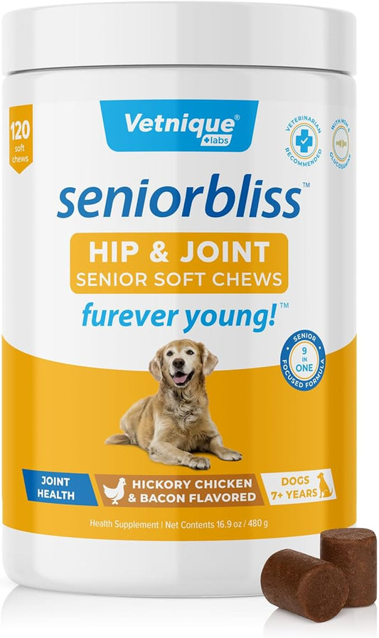 Vetnique Seniorbliss Senior Dog Joint Supplement with Glucosamine and Chondroitin for Dogs Joint Support and Healthy Cartilage Development - for Small & Large Breeds (Hip & Joint Chew, 120ct)
