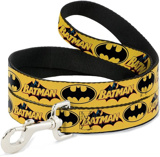 Buckle-Down Pet Leash - Vintage Batman Logo & Bat Signal-3 Yellow - 4 Feet Long - 1/2" Wide