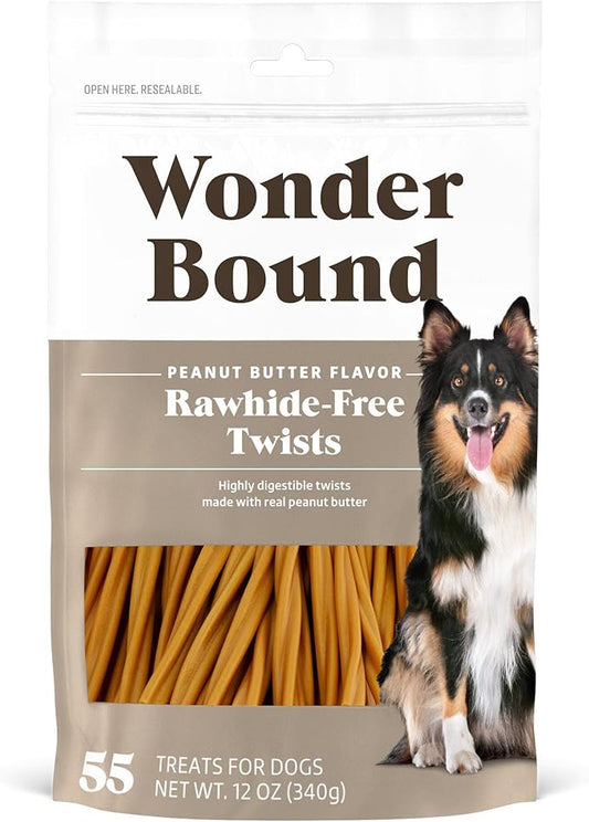 Amazon Brand - Wonder Bound Peanut Butter Flavor Dog Twist Sticks 55 Count Rawhide Free Dog Treats, Dental Health Chews for Plaque & Tartar Control, Easy to Digest, Long-Lasting, 12 ounce (Pack of 1)