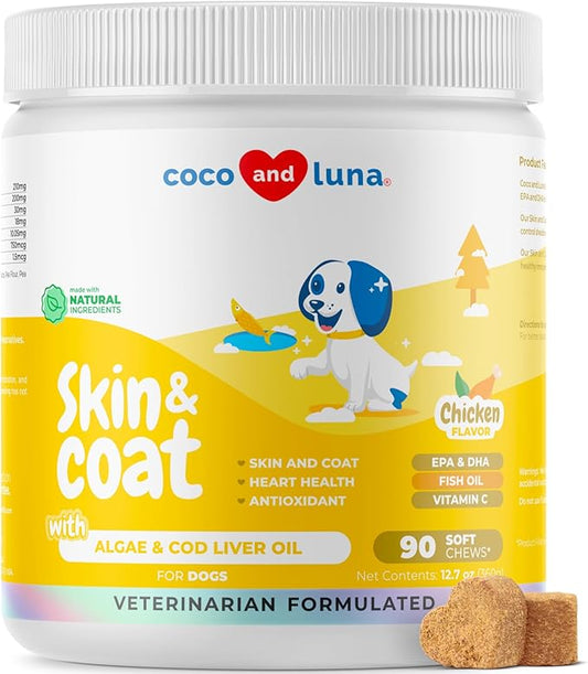 Omega 3 Fish Oil for Dogs - 90 Soft Chews - with Cod Liver Oil, Algae Oil, EPA & DHA Fatty Acids for Dog Shedding, Itchy, Dry Skin, Joint & Heart Support (Soft Chews)