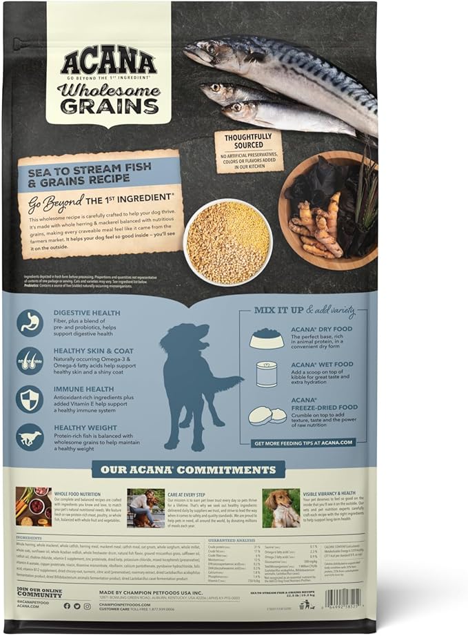 ACANA Wholesome Grains Dry Dog Food, Sea to Stream, Saltwater and Freshwater Fish & Grains Recipe, 22.5lb
