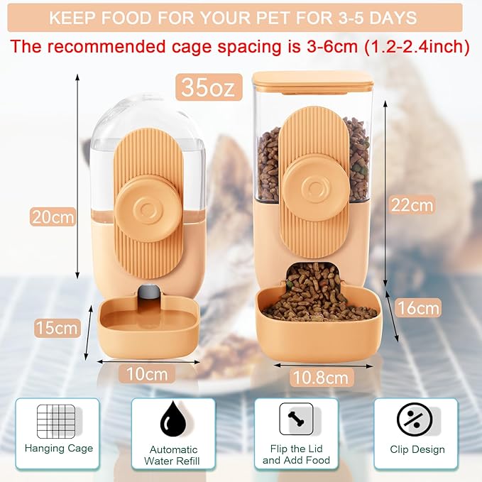 Hanging Automatic Rabbit Feeder for Cage,Small Animal Food and Water Dispenser,Rabbit Water Bottle,Guinea Pig Food Bowl Water Dispenser,Gravity Feeder and Waterer for Cats Dogs (Orange)