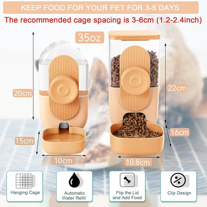 Hanging Automatic Rabbit Feeder for Cage,Small Animal Food and Water Dispenser,Rabbit Water Bottle,Guinea Pig Food Bowl Water Dispenser,Gravity Feeder and Waterer for Cats Dogs (Orange)