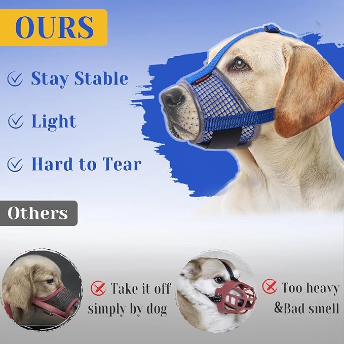 Dog Muzzle, Air Mesh Breathable Muzzle for Medium Large Sized Dogs to Anti & Prevent Biting Barking, Soft Grooming Muzzle for German Shepherd Dog with Reflective & Adjustable Strap(Blue-L