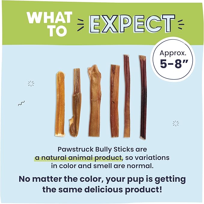 Pawstruck Natural 5-7" Bully Sticks for Dogs - Best Long Lasting, Rawhide Free, Low Odor Dental Chew Treat - Healthy Single Ingredient 100% Real Beef - 8 oz. Bag - Packaging May Vary