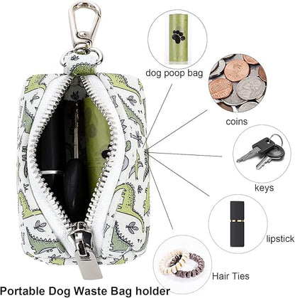 ARING PET Dog Waste Bag Dispenser, Cotton Doggy Poop Bags Holders Attach to Any Leashes, Portable Washable Dinosaur Pet Waste Pouch Dispenser with Metal Zipper