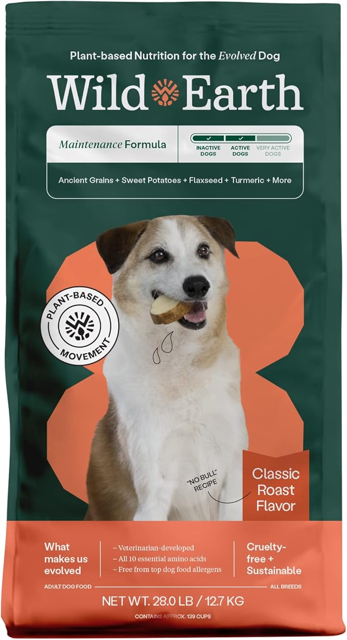 Wild Earth Vegan Dry Dog Food | Plant-Based Maintenance Formula | Vegetarian, Allergy Relief, Veterinarian-Developed for Complete Nutrition | Classic Roast Flavor, 28 Pound Bag