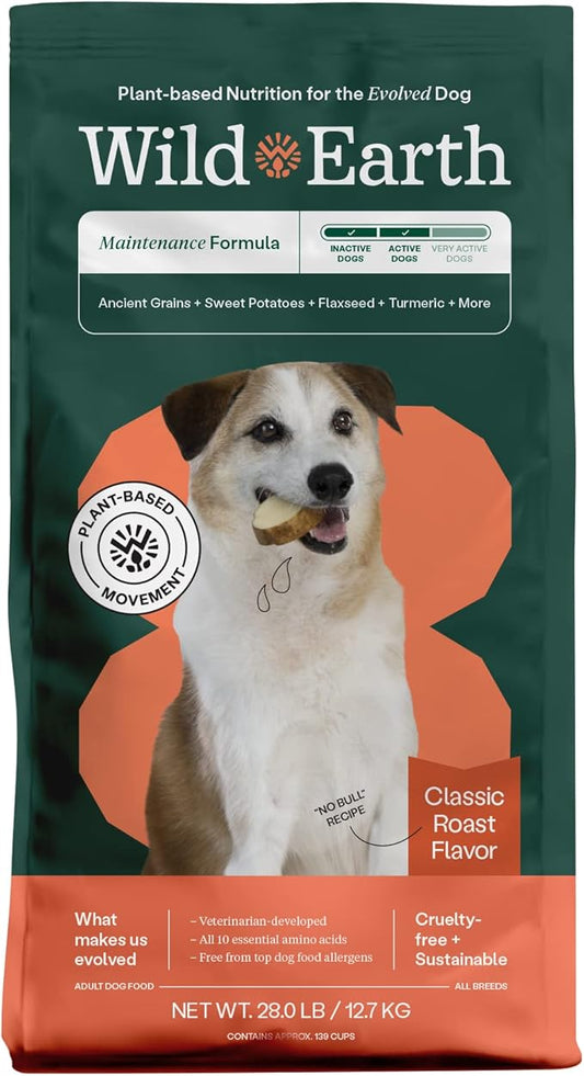 Wild Earth Vegan Dry Dog Food | Plant-Based Maintenance Formula | Vegetarian, Allergy Relief, Veterinarian-Developed for Complete Nutrition | Classic Roast Flavor, 28 Pound Bag