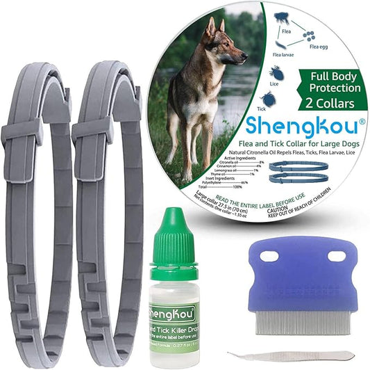 Flea and Tick Collar for Large Dog, Prevention and Control of Pests on Dogs, Safe Natural Ingredients Protection, Waterproof, Free Flea Drop and Comb, 27.5 inch, 2-Pack