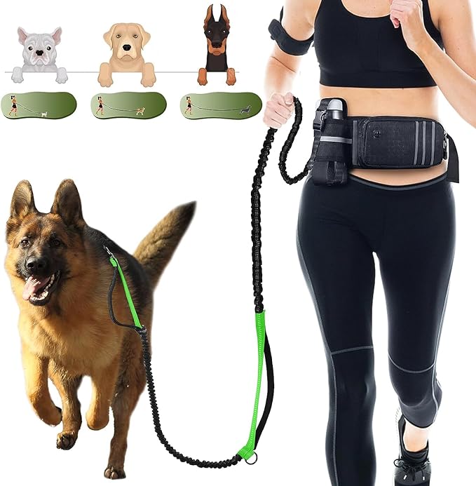 Hands Free Dog Leash for Medium and Large Dogs with Waist Belt Pouch Leash 55-78" Running Dog Leash for Training Hiking Jogging Running Walking with Double Hand Loops Reflective Stitches Green