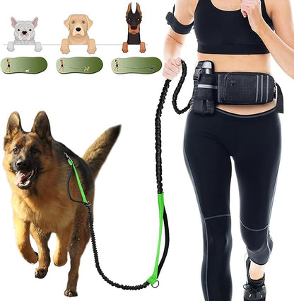Hands Free Dog Leash for Medium and Large Dogs with Waist Belt Pouch Leash 55-78" Running Dog Leash for Training Hiking Jogging Running Walking with Double Hand Loops Reflective Stitches Green