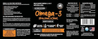 100% Pure Omega 3 Fish Oil Soft Gels for Dogs - Organic Skin, Coat & Joint Supplement - Boost Joint Health, Anti-Shedding & Itch Relief - Ideal for Medium to Large Dogs