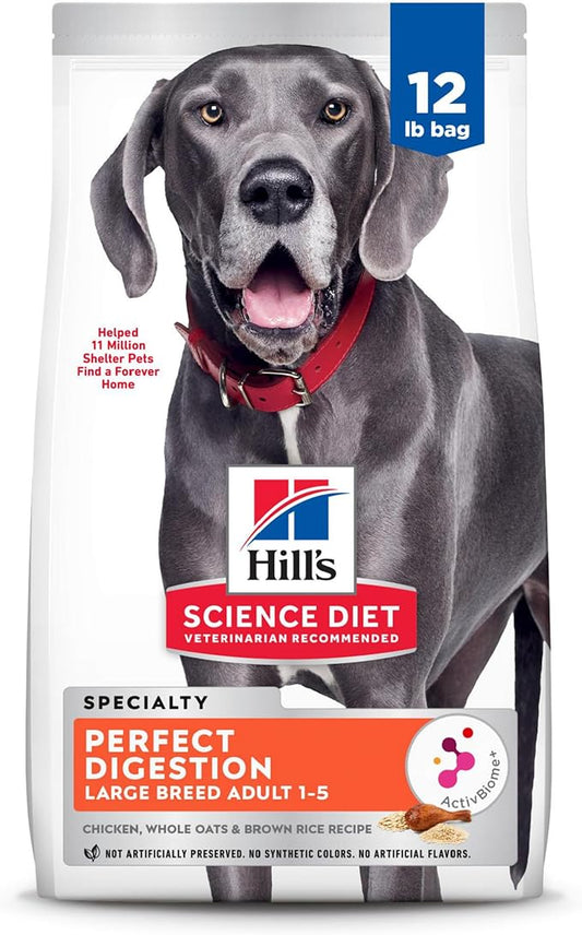 Hill's Science Diet Perfect Digestion, Adult 1-5, Large Breed Digestive Support, Dry Dog Food, Chicken, Brown Rice, & Whole Oats, 12 lb Bag