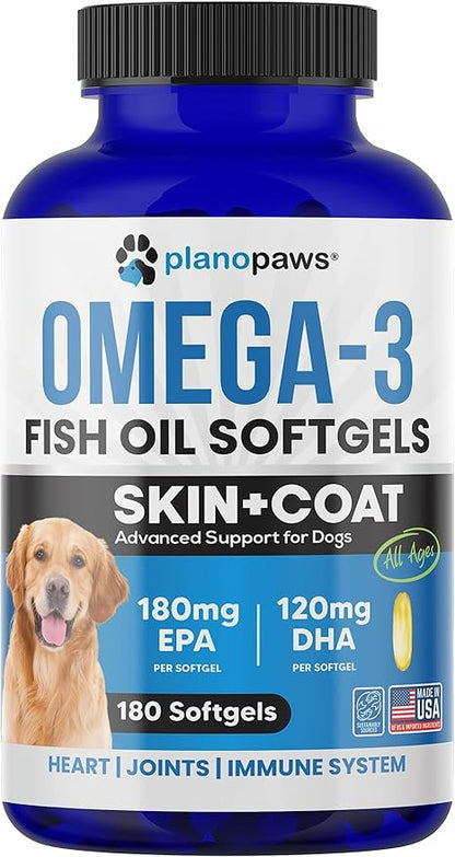 Omega 3 Fish Oil for Dogs Capsules - Salmon Oil for Dogs - Dog Fish Oil Supplement May Help Shedding, Allergy, Itching - Support Dry Skin, Joints - Dog Skin and Coat Supplement - 180 Fish Oil Pills