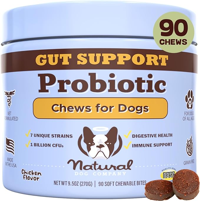 Natural Dog Company Probiotic Chews for Dogs (90 Bites), Chicken Flavor, Helps with Digestion & Gut Health Supports Immune System, Probiotics Supplement for Dogs of All Ages, Sizes & Breeds.